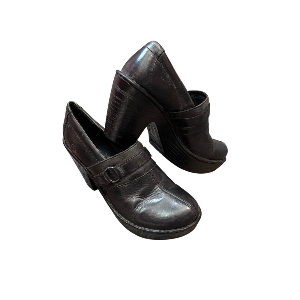 Born Black Leather Platform Clogs Block Heel Buckle Strap Shoes Womens 8 M 39